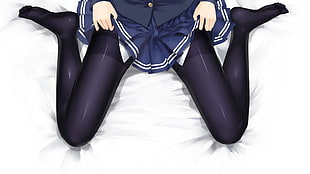 women's blue school uniform animation illustration, Saenai Heroine no Sodatekata, pantyhose, bed, school uniform