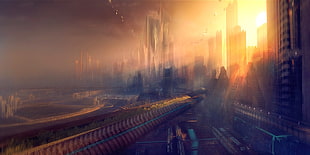 high-rise and low-rise buildings painting, futuristic city, science fiction, sunlight, cityscape