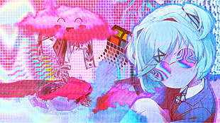 blue-haired female anime character, Doki Doki Literature Club, Natsuki (Doki Doki Literature Club), vaporwave HD wallpaper