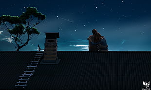 couple on house roof during nighttime illustration, drawing, couple, rooftops, sky
