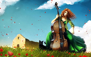 woman in green dress playing violin on red petaled flower field 3D wallpaper