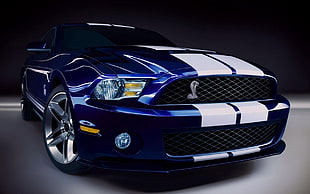 blue and white Ford Mustang GT coupe, car, vehicle, blue cars