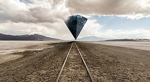blue pyramid under nimbus clouds, desert, railway, clouds, Photoshop
