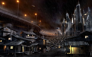 city during night while raining digital artwork, city