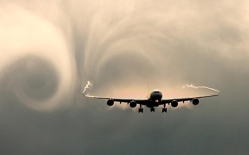 gray airplane, airplane, clouds, vortex HD wallpaper