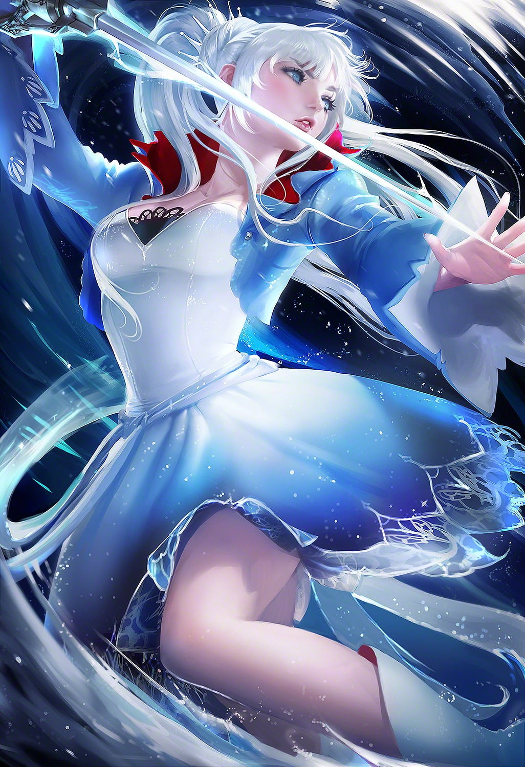 female anime character in blue and white dress, Sakimichan, RWBY, Weiss Schnee, white hair