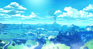 mountain under white and blue sky painting, The Legend of Zelda: Breath of the Wild, The Legend of Zelda, Hyrule, video games