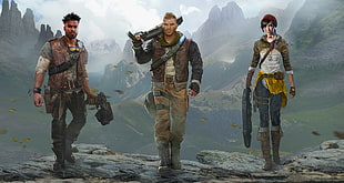three game characters holding guns digital wallpaper