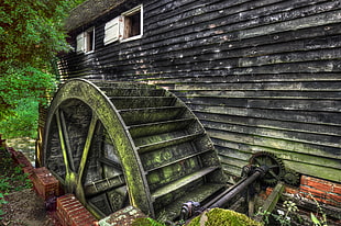 green wooden watermill HD wallpaper