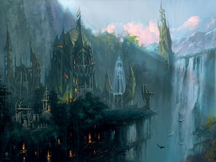 video game castle near falls photo, fantasy art, fantasy city, waterfall