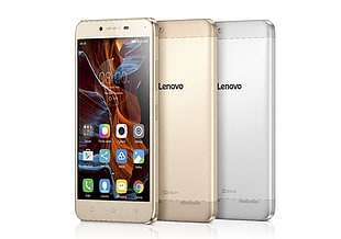 two silver and gold Lenovo Android smartphone