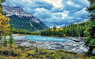 rocky mountain under gray skies near green trees and lake at daytime