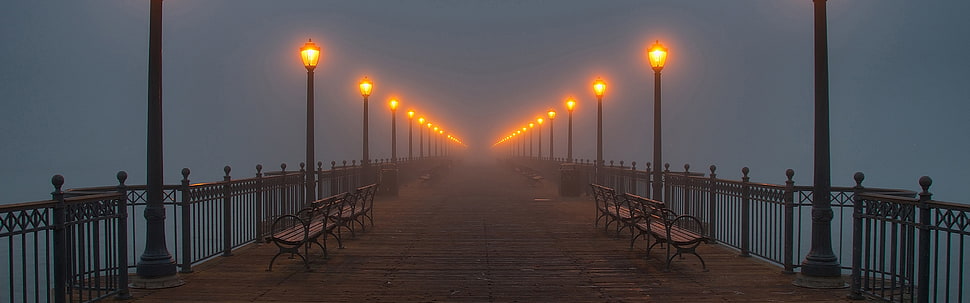 black-and-brown bench lot, street light, pier, mist, lantern HD wallpaper