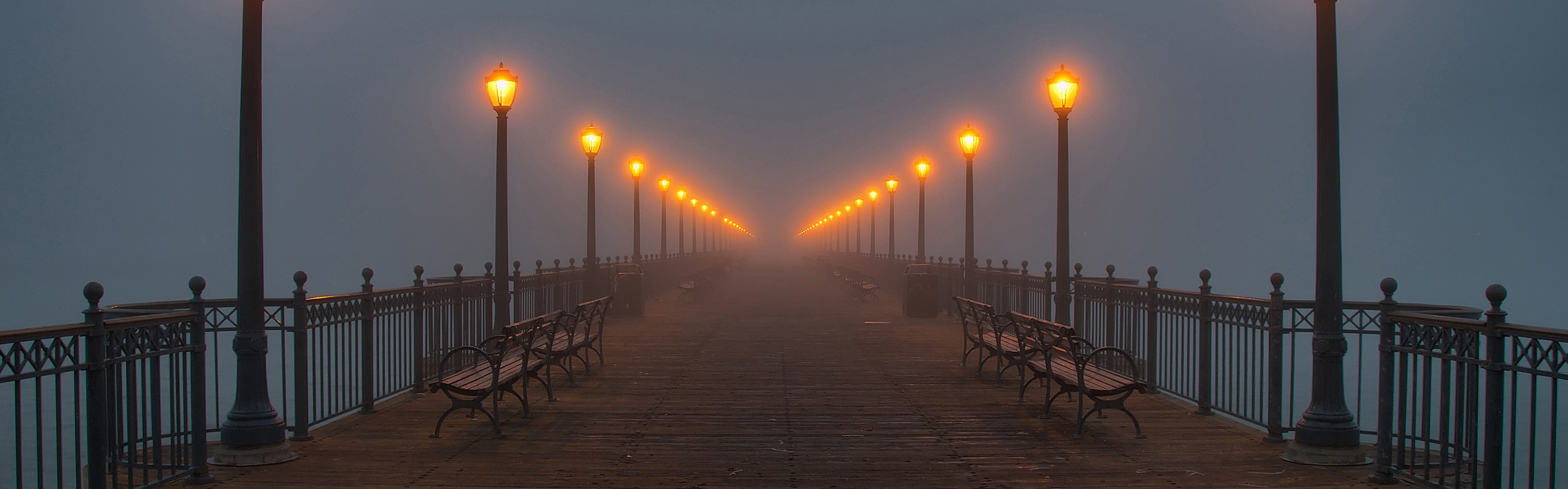 black-and-brown bench lot, street light, pier, mist, lantern