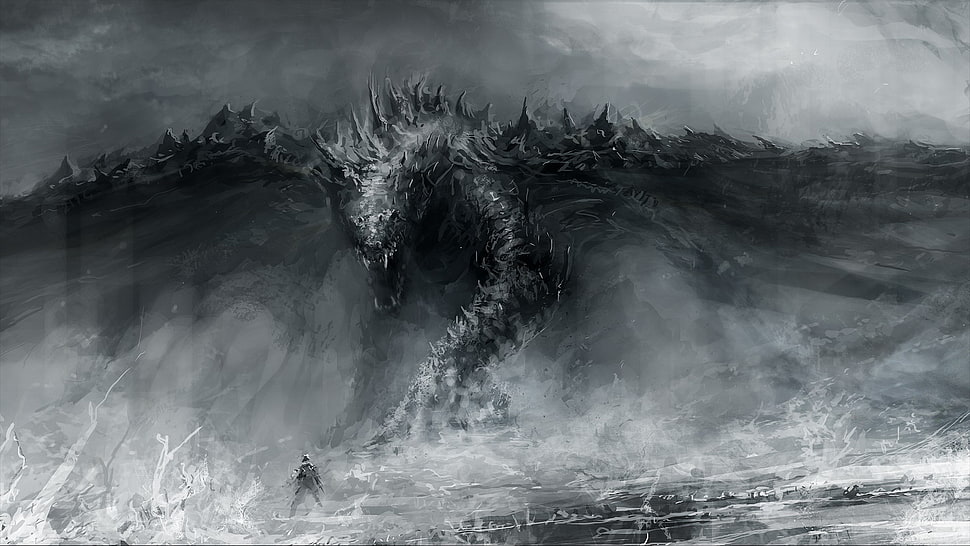 gray dragon sketch, dragon, monochrome, artwork, fantasy art HD wallpaper