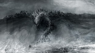 gray dragon sketch, dragon, monochrome, artwork, fantasy art