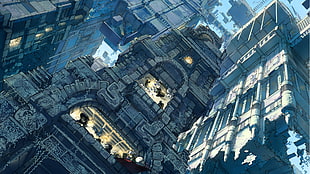 high-rise building illustration, anime, city, blue, fantasy city