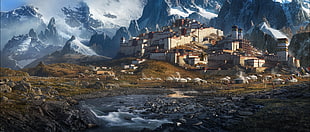 landscape photo of brown and white houses, landscape, creeks, mountains, fortress