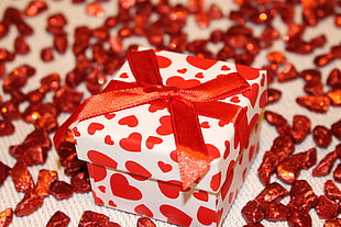 red and white heart print gift box