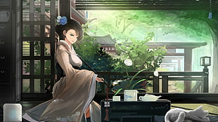 female anime character, cat, smoking, kimono, flower in hair