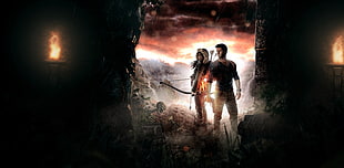 man and woman standing on cliff digital wallpaper HD wallpaper