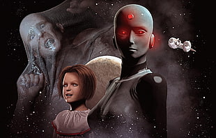alien and girl digital wallpaper