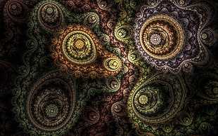 purple, red, and green floral textile