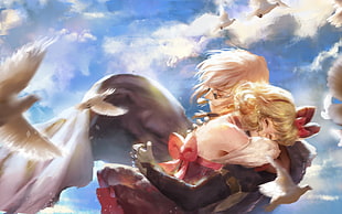 yellow hair female character, birds, hugging, glasses, clouds