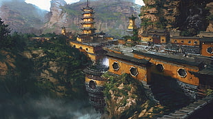 green leafed trees, fantasy art, forts, Chinese HD wallpaper