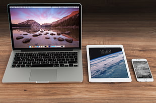 MacBook Pro; white iPad; silver iPhone 6 HD wallpaper