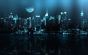 city building, night, cityscape, reflection, digital art