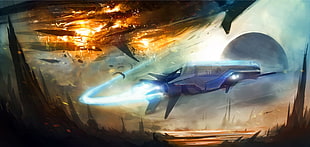 blue space ship illustration, artwork, futuristic, science fiction