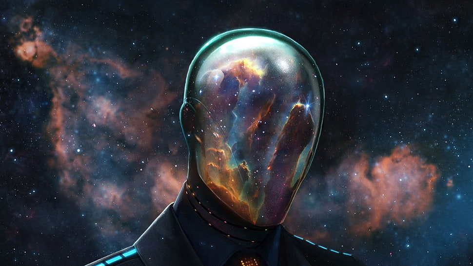 character wearing mask with galaxy background digital wallpaper, science fiction, artwork, Dan Luvisi, Linux HD wallpaper