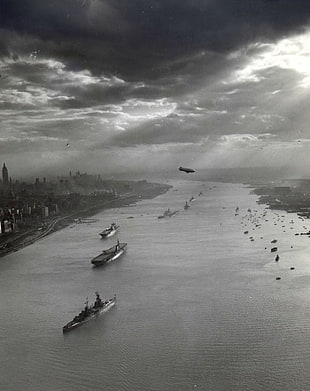 three ships, photography, monochrome, United States Navy, river