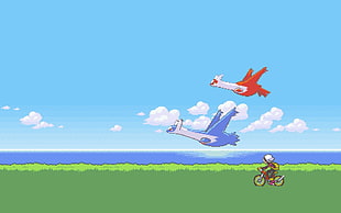 two blue and red bird pokemons flying with person riding bike below