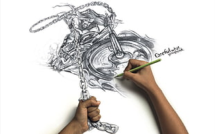 person holding green pencil drawing man riding motorcycle sketch