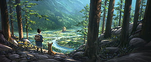 anime character with wolf movie still, forest, fox, valley, building