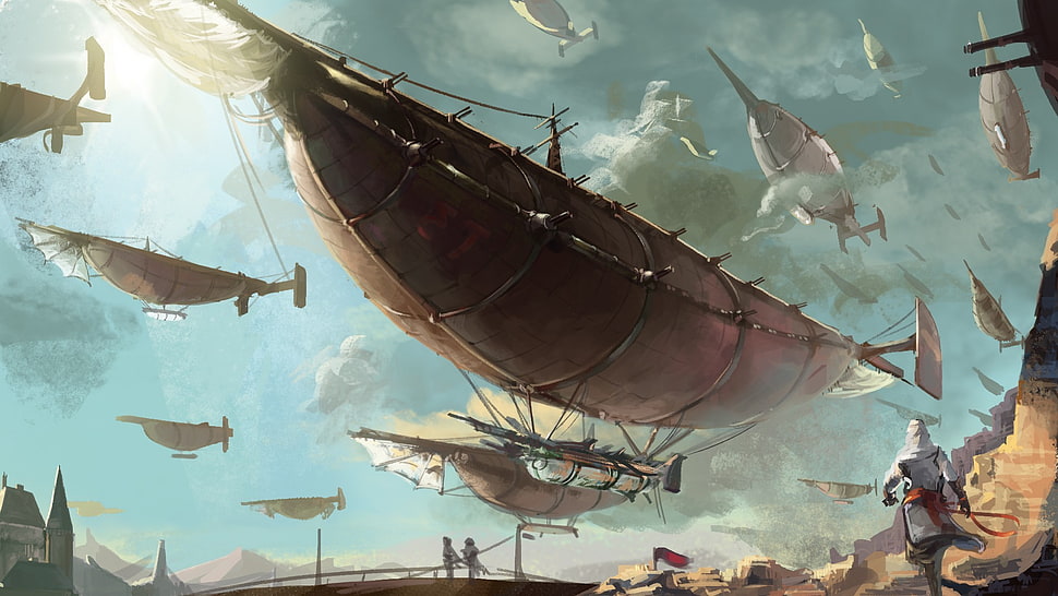 Assassin's Creed game scene, fantasy art, digital art, airships HD wallpaper
