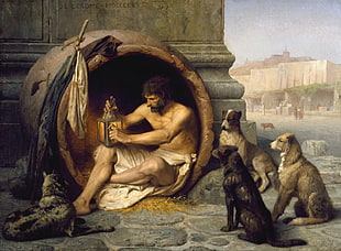 man with lamp sitting with dogs painting, painting, Diogenes, Jean-Léon Gérôme, Greek philosophers