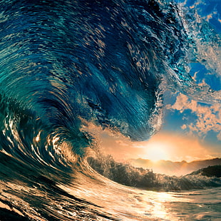time lapse photography of sea wave under golden hour, waves, sea, sunset, landscape HD wallpaper