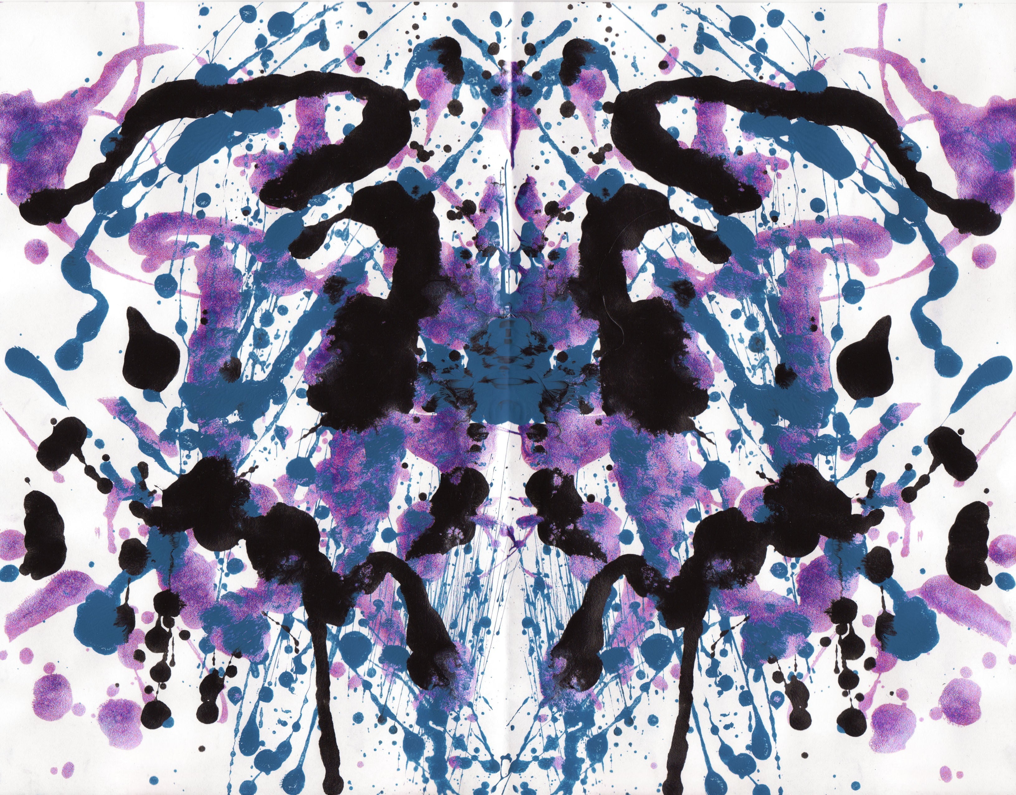 white and multicolored abstract painting, ink, symmetry, paint splatter, Rorschach test