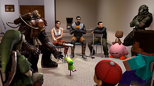 different characters in a round formation inside a room