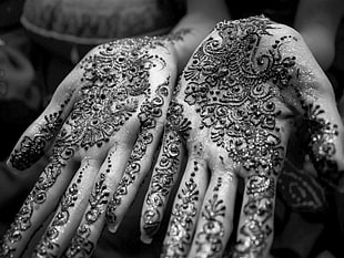 grayscale photo of mendhi tattoo, photography, henna, monochrome, hands