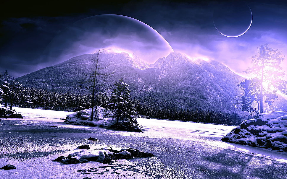 purple mountain painting, digital art, space art, planet, winter HD wallpaper