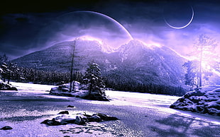 purple mountain painting, digital art, space art, planet, winter