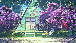 green house and purple trees painting, purple, bicycle, hammocks, triangle