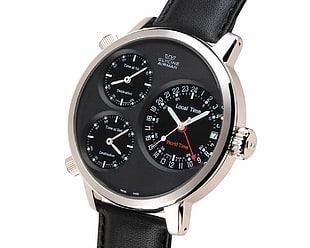 black and gray chronograph watch with black leather band