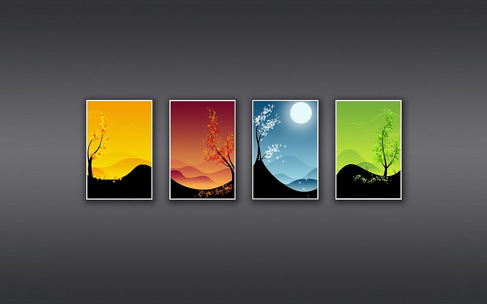 four mountain range paintings, minimalism, collage, simple background HD wallpaper