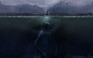ship on water above sea monster digital wallpaper, fantasy art, sea, sea monsters, rain