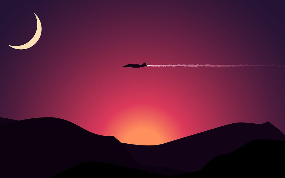 airplane above mountains with sunset under crescent moon HD wallpaper